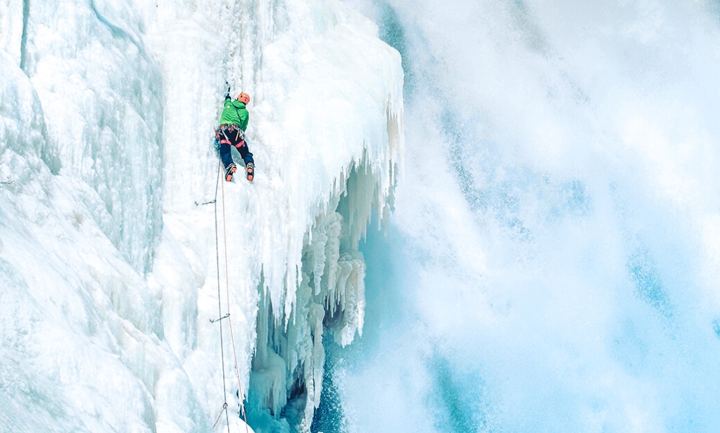 Benoit Chamberland climbing an iced wall