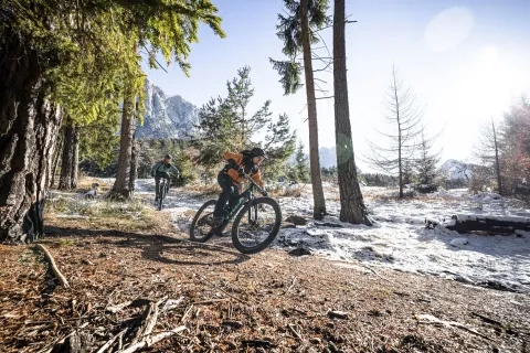 Cyclist going down a mountain trail
